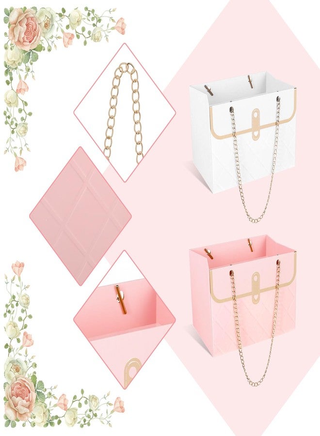 Gtziqa 4 Pcs Flower Paper Gift Box Bouquet Storage Bucket, Flower Boxes Wedding Florist Handbag with Metal Chain, Floral Craft Wrap Bag for Arrangements Valentine's Day Birthday Mother's Day (Pink White) - Image 3